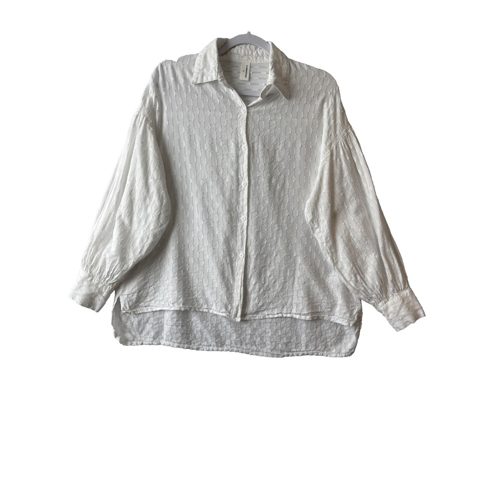 Commense White Sheer Textured Relaxed Boxy Gauze Cotton Button Up‎ Shirt S Boho